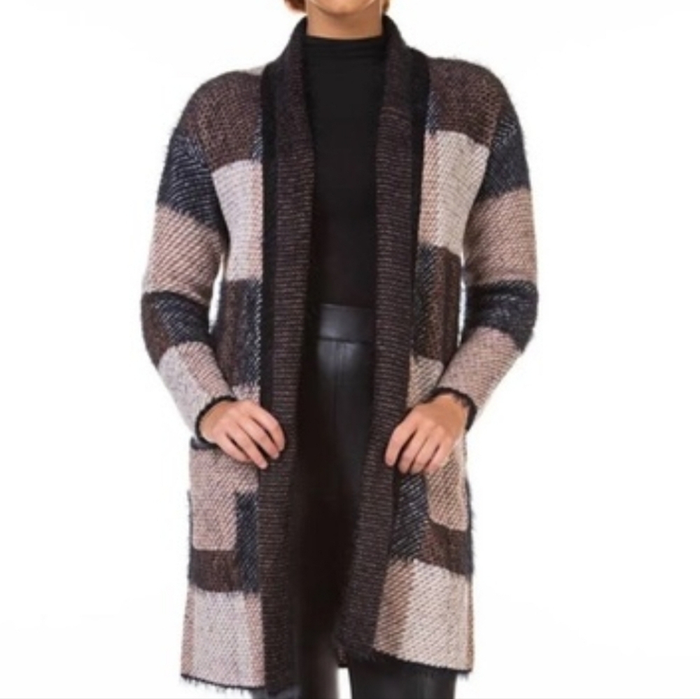 Black Tape Open-Front Eyelash Cardigan Sweater With Contrast Brown Black Trim